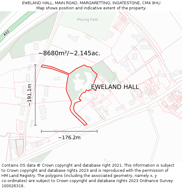 EWELAND HALL, MAIN ROAD, MARGARETTING, INGATESTONE, CM4 9HU: Plot and title map