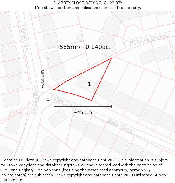 1, ABBEY CLOSE, WOKING, GU22 8RY: Plot and title map