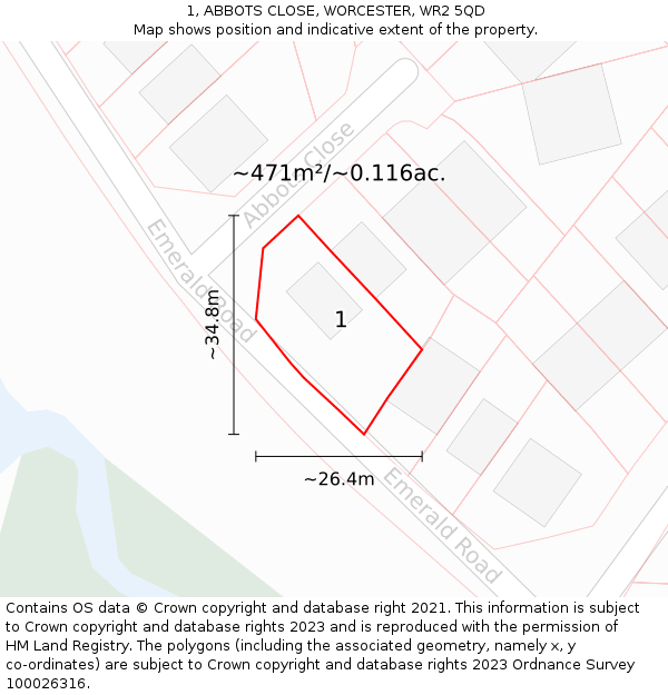 1, ABBOTS CLOSE, WORCESTER, WR2 5QD: Plot and title map