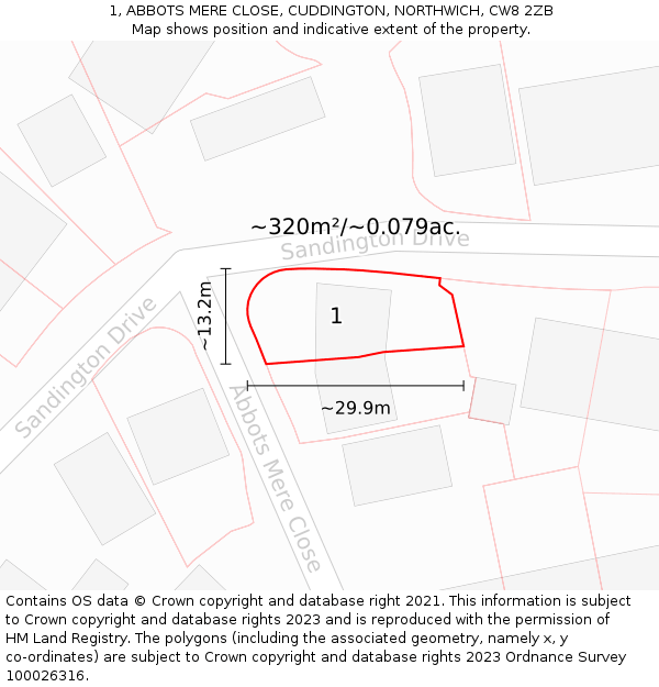1, ABBOTS MERE CLOSE, CUDDINGTON, NORTHWICH, CW8 2ZB: Plot and title map