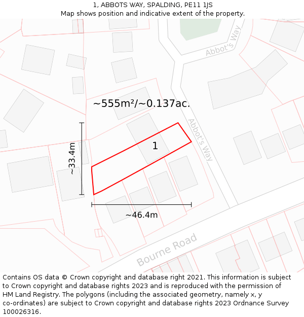 1, ABBOTS WAY, SPALDING, PE11 1JS: Plot and title map