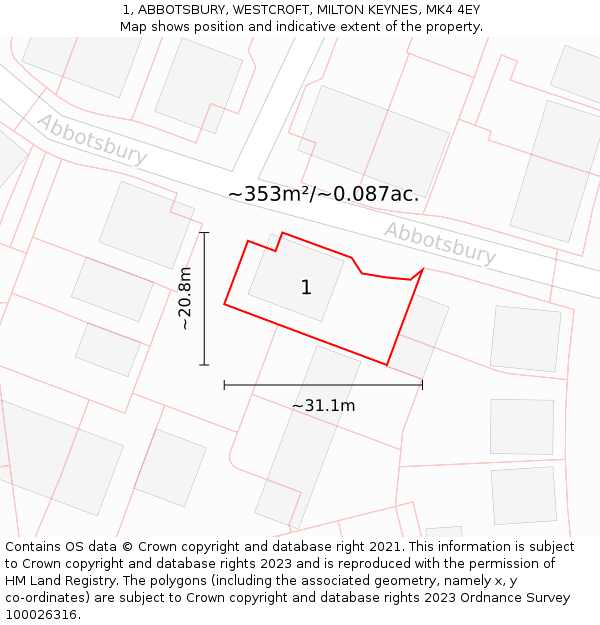 1, ABBOTSBURY, WESTCROFT, MILTON KEYNES, MK4 4EY: Plot and title map