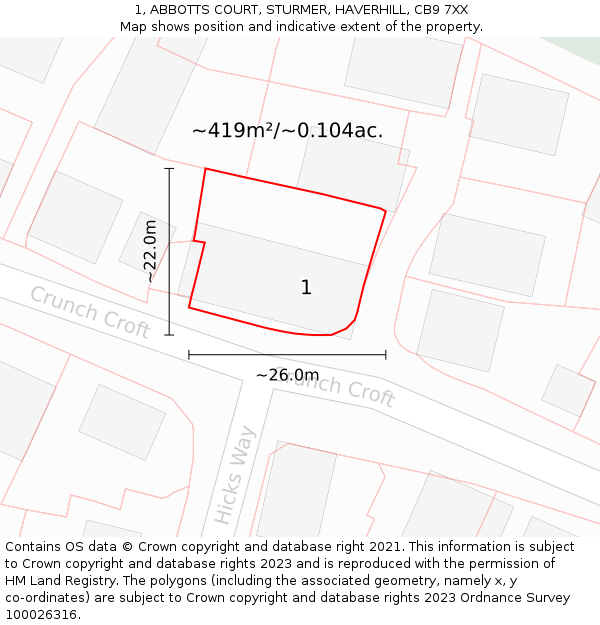 1, ABBOTTS COURT, STURMER, HAVERHILL, CB9 7XX: Plot and title map