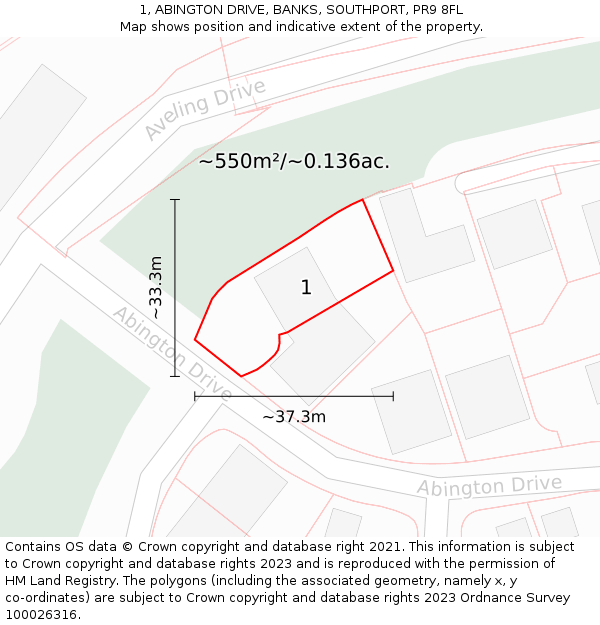 1, ABINGTON DRIVE, BANKS, SOUTHPORT, PR9 8FL: Plot and title map