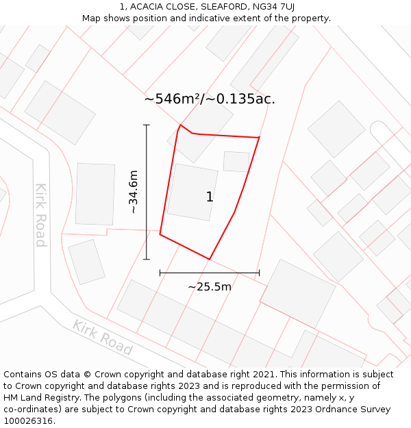 1, ACACIA CLOSE, SLEAFORD, NG34 7UJ: Plot and title map