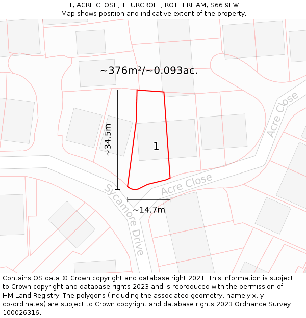 1, ACRE CLOSE, THURCROFT, ROTHERHAM, S66 9EW: Plot and title map