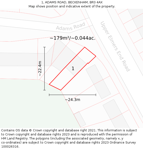 1, ADAMS ROAD, BECKENHAM, BR3 4AX: Plot and title map