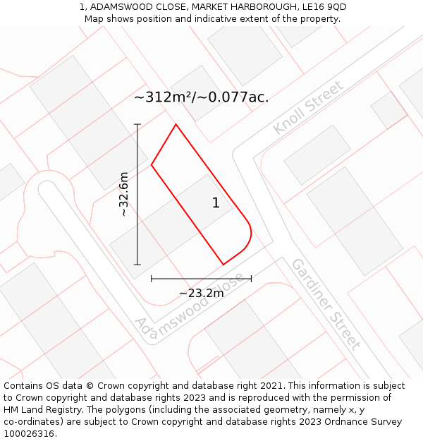1, ADAMSWOOD CLOSE, MARKET HARBOROUGH, LE16 9QD: Plot and title map