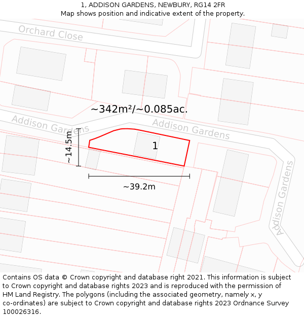1, ADDISON GARDENS, NEWBURY, RG14 2FR: Plot and title map