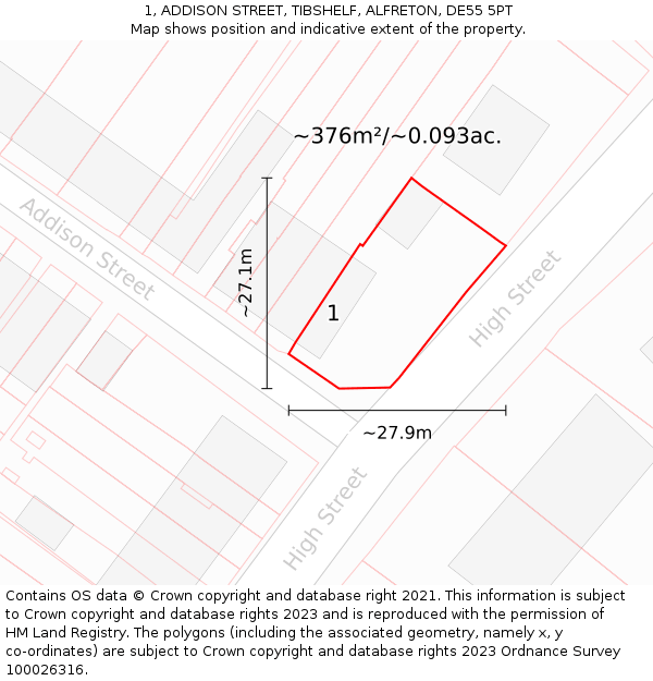 1, ADDISON STREET, TIBSHELF, ALFRETON, DE55 5PT: Plot and title map