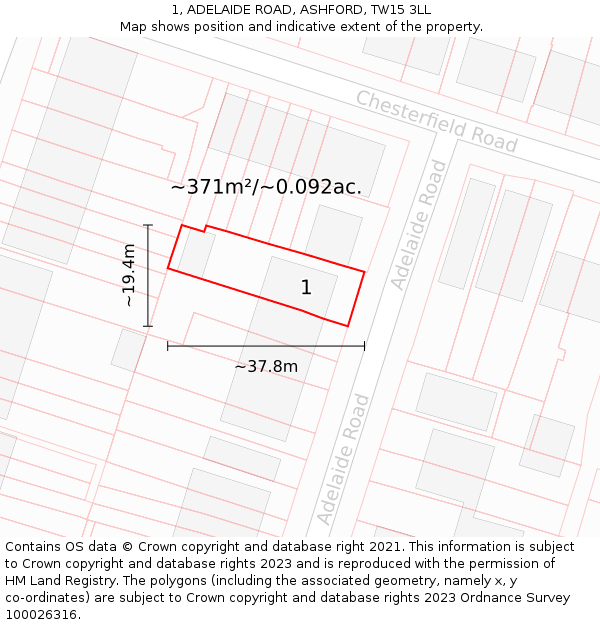 1, ADELAIDE ROAD, ASHFORD, TW15 3LL: Plot and title map