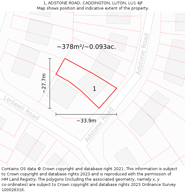 1, ADSTONE ROAD, CADDINGTON, LUTON, LU1 4JF: Plot and title map