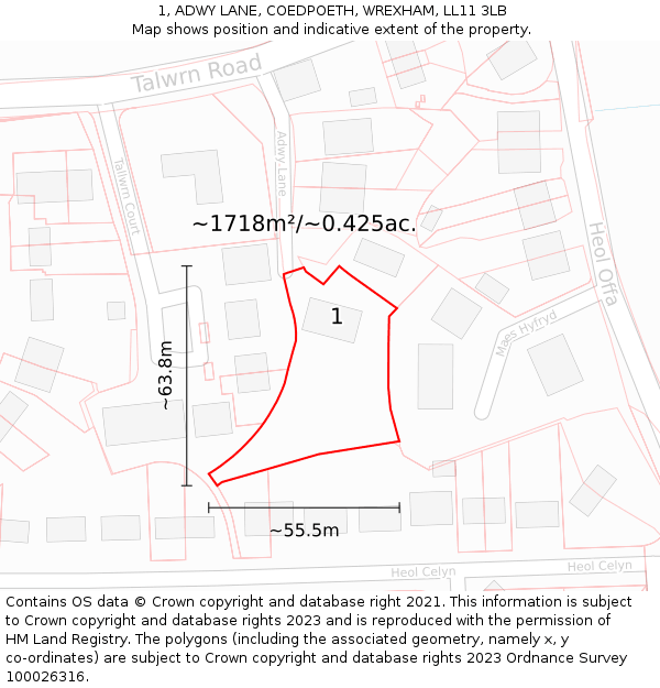 1, ADWY LANE, COEDPOETH, WREXHAM, LL11 3LB: Plot and title map