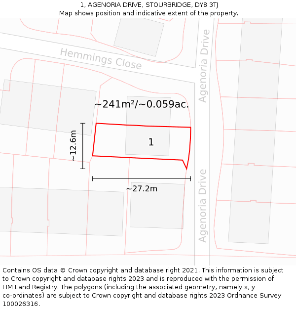 1, AGENORIA DRIVE, STOURBRIDGE, DY8 3TJ: Plot and title map