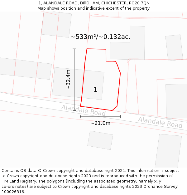 1, ALANDALE ROAD, BIRDHAM, CHICHESTER, PO20 7QN: Plot and title map