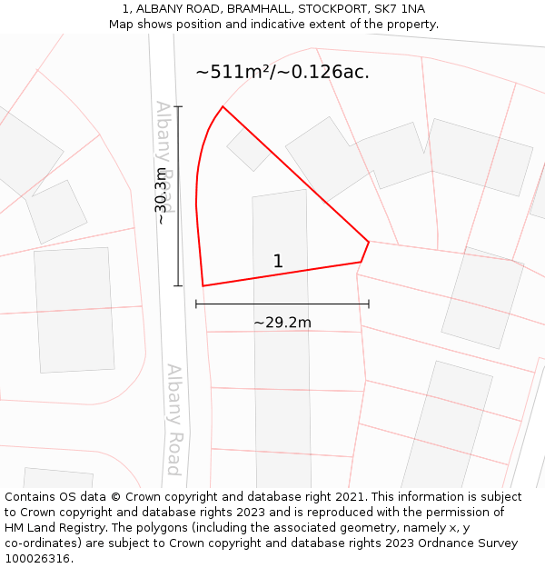 1, ALBANY ROAD, BRAMHALL, STOCKPORT, SK7 1NA: Plot and title map