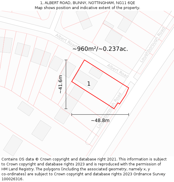 1, ALBERT ROAD, BUNNY, NOTTINGHAM, NG11 6QE: Plot and title map