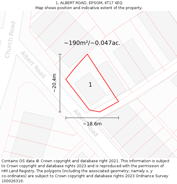 1, ALBERT ROAD, EPSOM, KT17 4EQ: Plot and title map