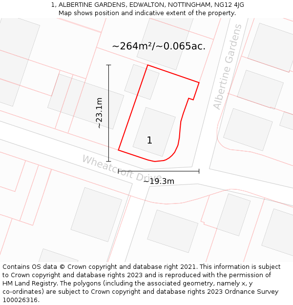 1, ALBERTINE GARDENS, EDWALTON, NOTTINGHAM, NG12 4JG: Plot and title map