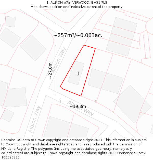 1, ALBION WAY, VERWOOD, BH31 7LS: Plot and title map