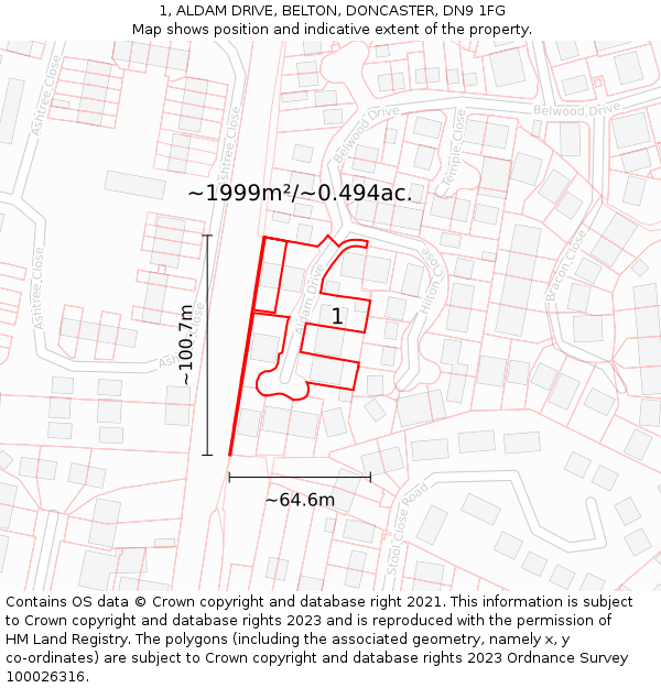 1, ALDAM DRIVE, BELTON, DONCASTER, DN9 1FG: Plot and title map