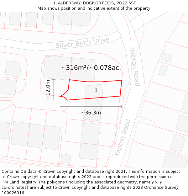 1, ALDER WAY, BOGNOR REGIS, PO22 6SF: Plot and title map