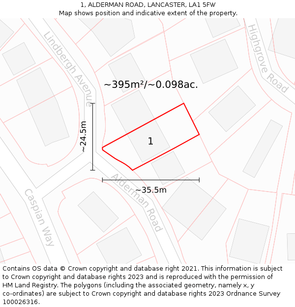 1, ALDERMAN ROAD, LANCASTER, LA1 5FW: Plot and title map