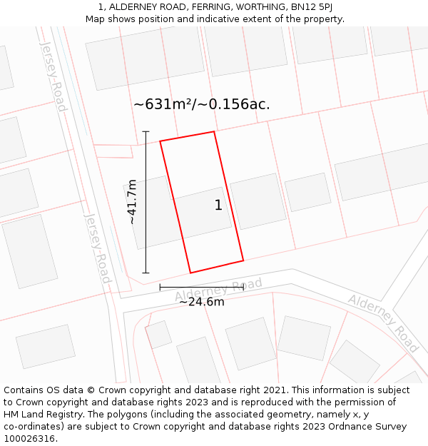 1, ALDERNEY ROAD, FERRING, WORTHING, BN12 5PJ: Plot and title map