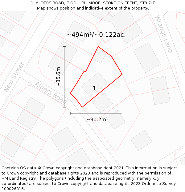 1, ALDERS ROAD, BIDDULPH MOOR, STOKE-ON-TRENT, ST8 7LT: Plot and title map