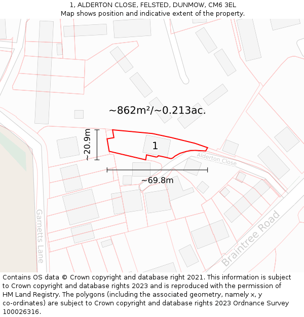 1, ALDERTON CLOSE, FELSTED, DUNMOW, CM6 3EL: Plot and title map