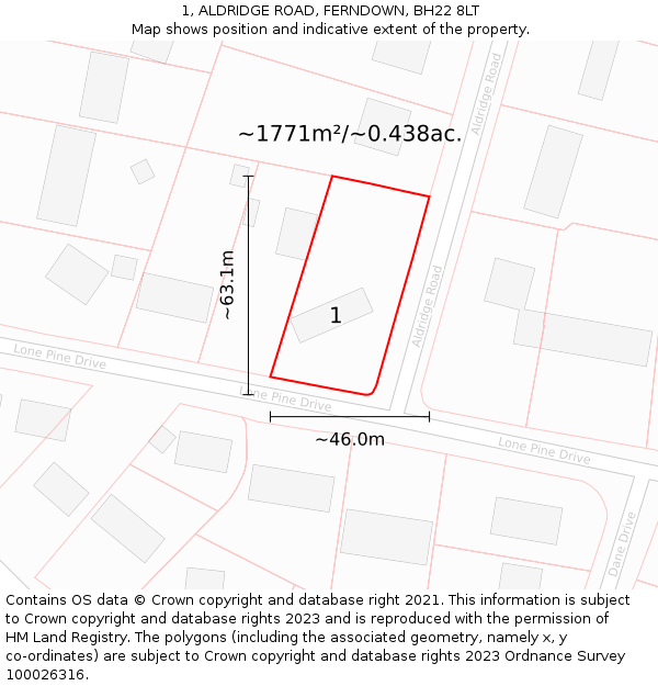 1, ALDRIDGE ROAD, FERNDOWN, BH22 8LT: Plot and title map