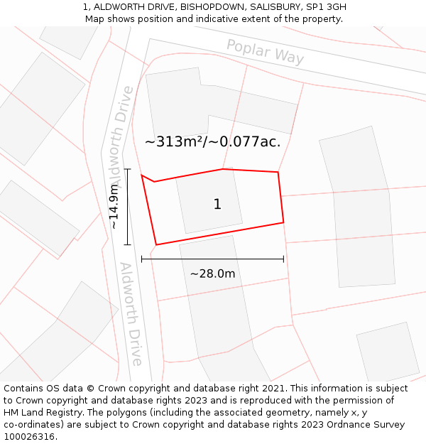 1, ALDWORTH DRIVE, BISHOPDOWN, SALISBURY, SP1 3GH: Plot and title map