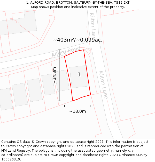 1, ALFORD ROAD, BROTTON, SALTBURN-BY-THE-SEA, TS12 2XT: Plot and title map