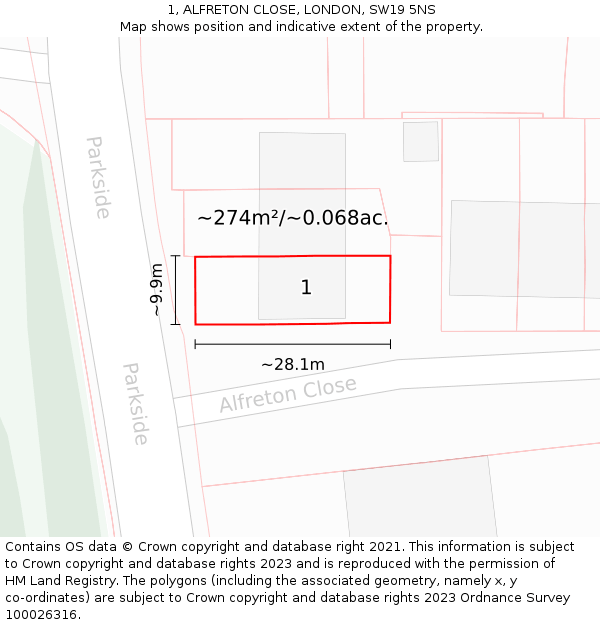 1, ALFRETON CLOSE, LONDON, SW19 5NS: Plot and title map