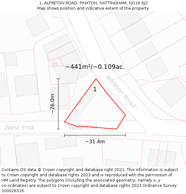 1, ALFRETON ROAD, PINXTON, NOTTINGHAM, NG16 6JZ: Plot and title map