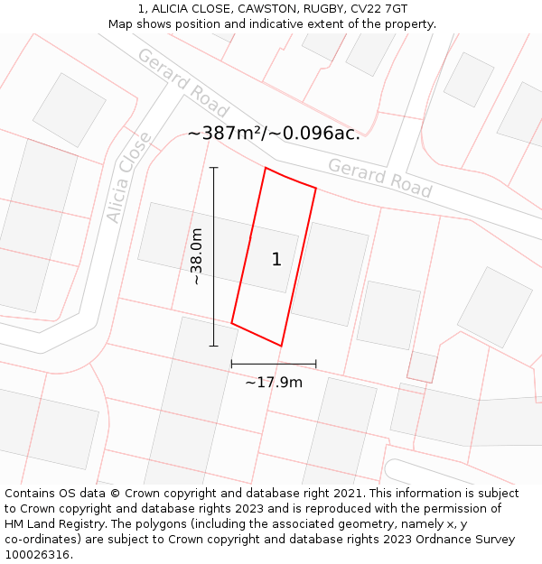 1, ALICIA CLOSE, CAWSTON, RUGBY, CV22 7GT: Plot and title map
