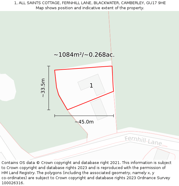 1, ALL SAINTS COTTAGE, FERNHILL LANE, BLACKWATER, CAMBERLEY, GU17 9HE: Plot and title map