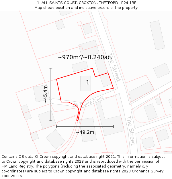 1, ALL SAINTS COURT, CROXTON, THETFORD, IP24 1BF: Plot and title map