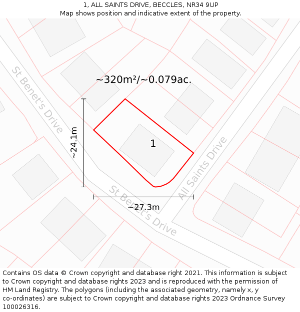 1, ALL SAINTS DRIVE, BECCLES, NR34 9UP: Plot and title map