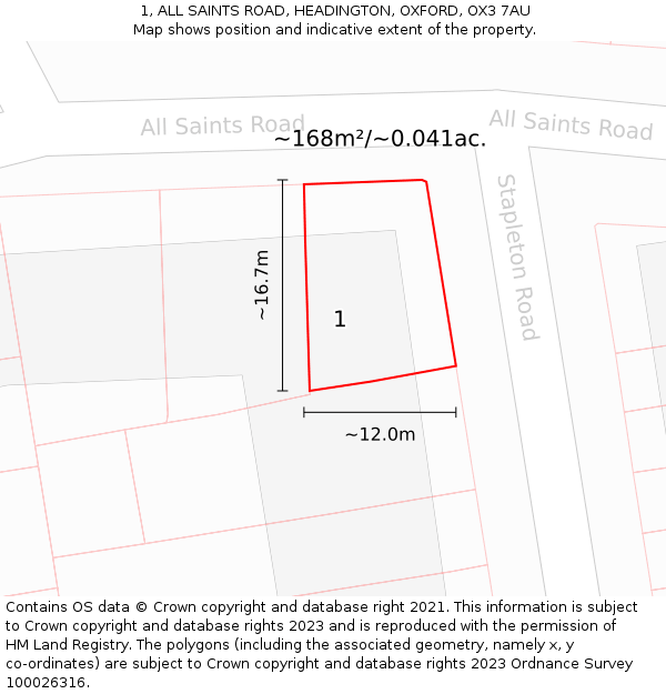 1, ALL SAINTS ROAD, HEADINGTON, OXFORD, OX3 7AU: Plot and title map