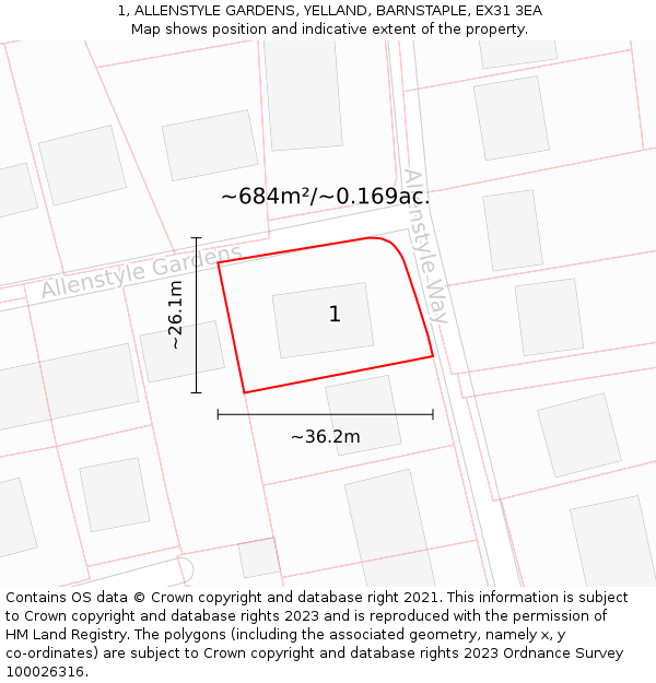 1, ALLENSTYLE GARDENS, YELLAND, BARNSTAPLE, EX31 3EA: Plot and title map