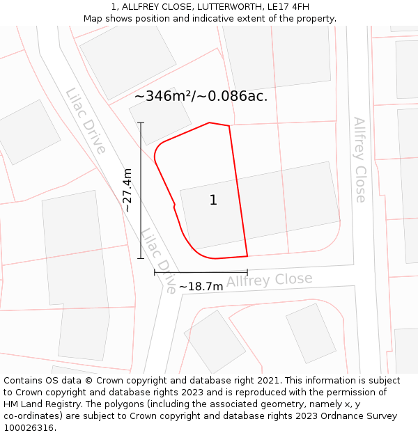 1, ALLFREY CLOSE, LUTTERWORTH, LE17 4FH: Plot and title map