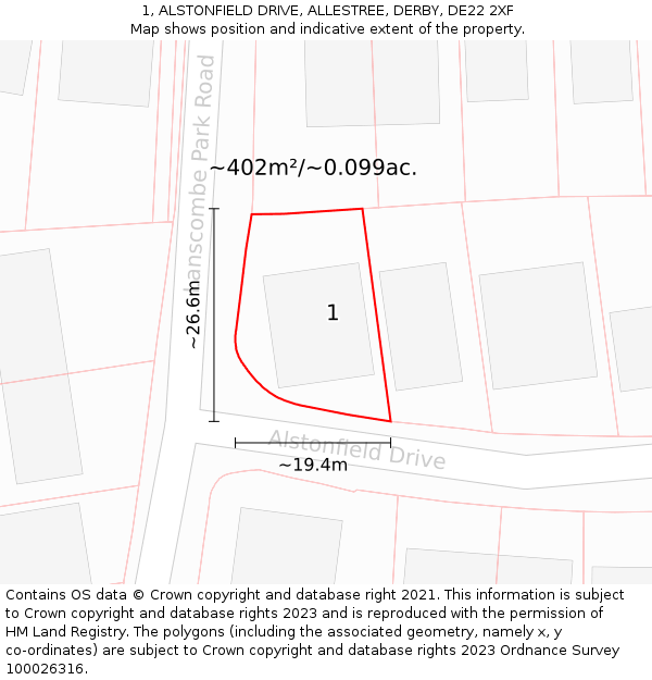 1, ALSTONFIELD DRIVE, ALLESTREE, DERBY, DE22 2XF: Plot and title map