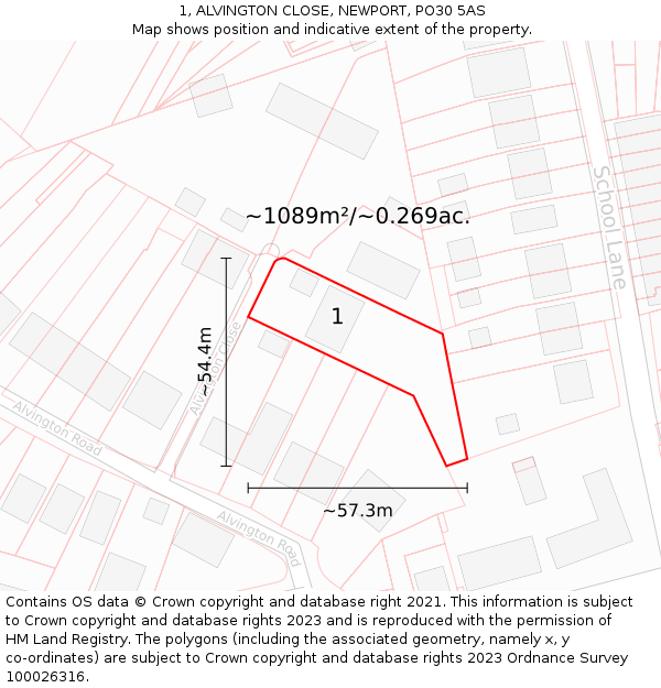 1, ALVINGTON CLOSE, NEWPORT, PO30 5AS: Plot and title map