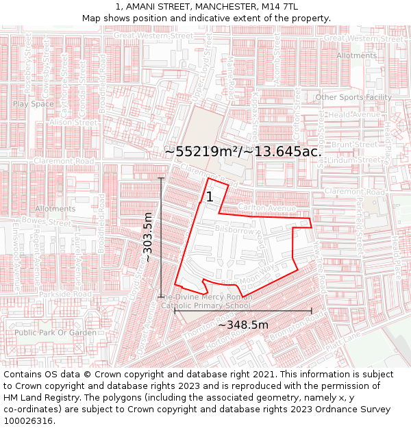 1, AMANI STREET, MANCHESTER, M14 7TL: Plot and title map