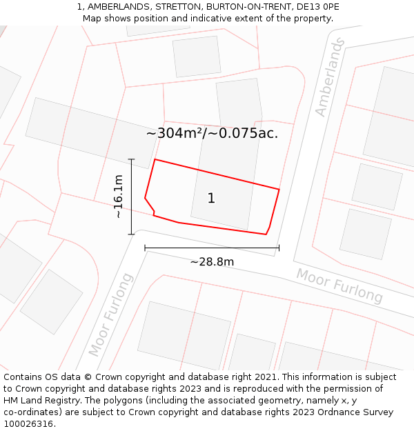 1, AMBERLANDS, STRETTON, BURTON-ON-TRENT, DE13 0PE: Plot and title map