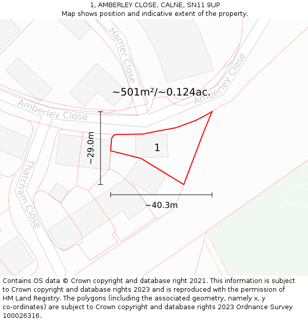 1, AMBERLEY CLOSE, CALNE, SN11 9UP: Plot and title map