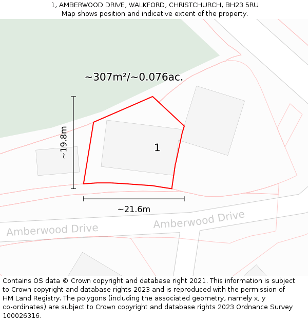 1, AMBERWOOD DRIVE, WALKFORD, CHRISTCHURCH, BH23 5RU: Plot and title map