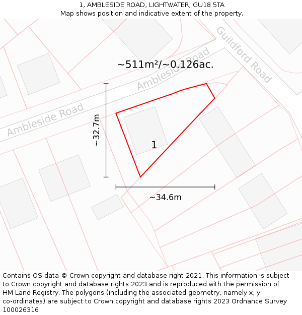 1, AMBLESIDE ROAD, LIGHTWATER, GU18 5TA: Plot and title map