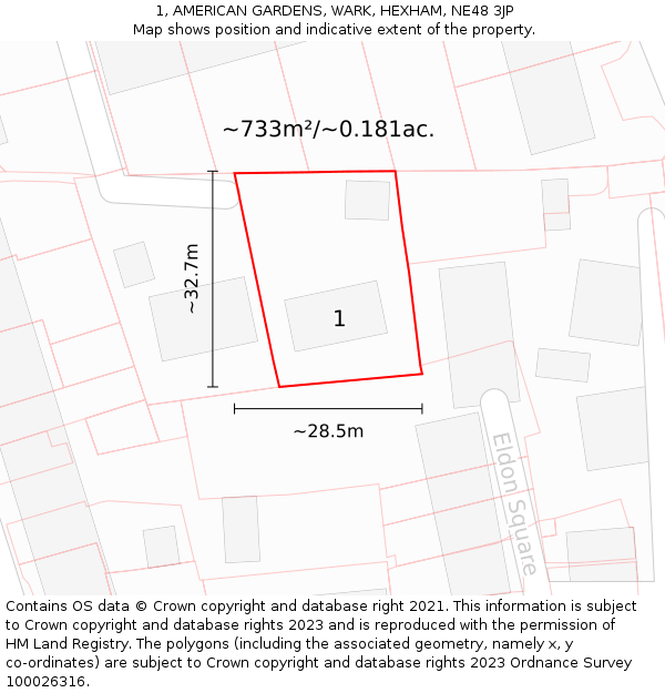 1, AMERICAN GARDENS, WARK, HEXHAM, NE48 3JP: Plot and title map